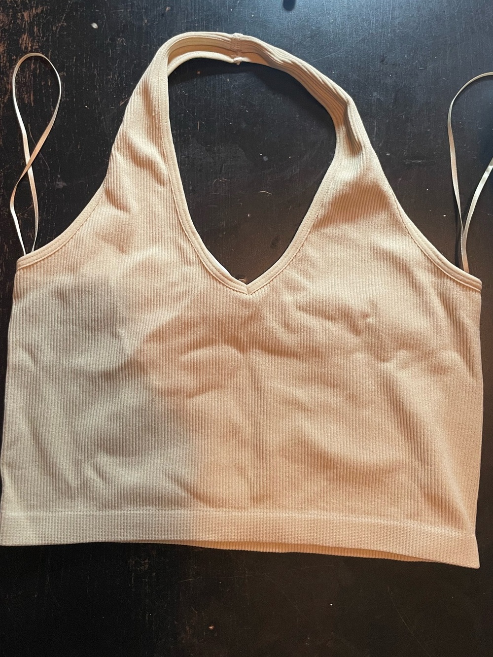 Essentials Ribbed V-Neck Halter Crop Top - Beige